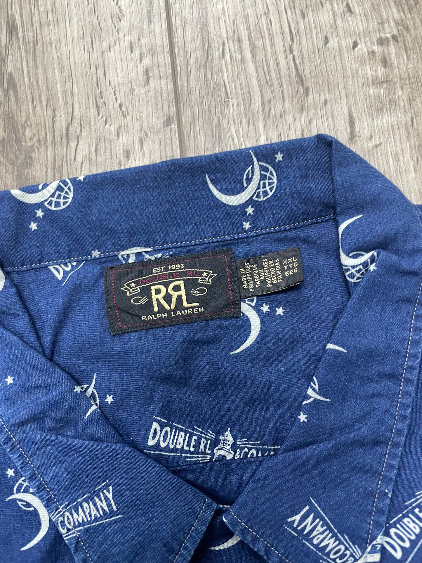 RRL Lighthouse Print Indigo Camp Shirt XXL