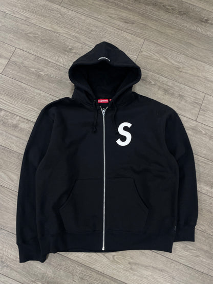 L - Supreme S Logo Zip Up Hooded Black Sweatshirt