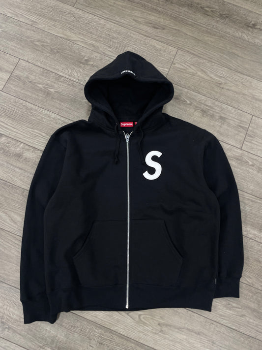 L - Supreme S Logo Zip Up Hooded Black Sweatshirt
