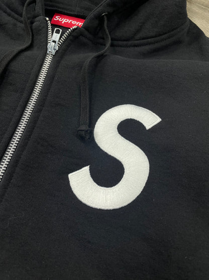 L - Supreme S Logo Zip Up Hooded Black Sweatshirt