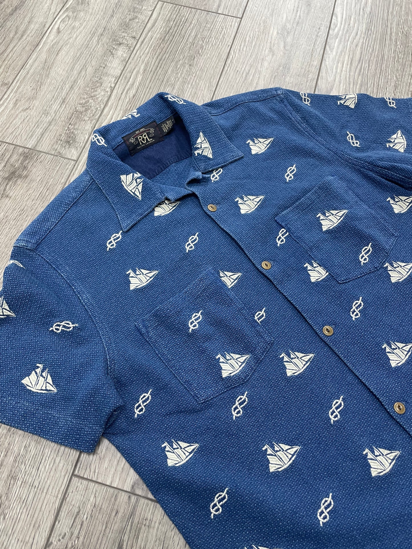 M-RRL Nautical Print Embroidered Short Sleeve Button up