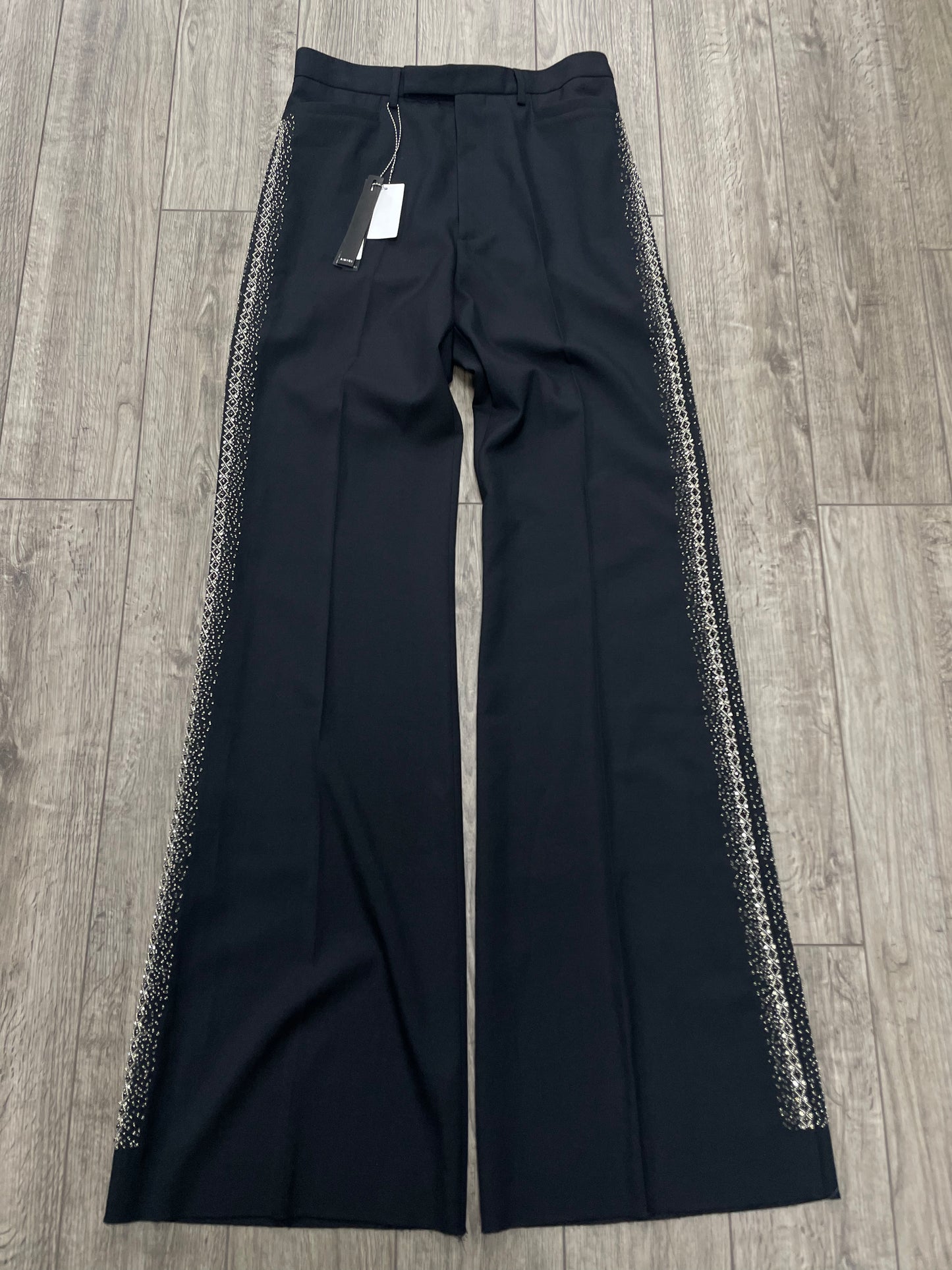 48 - Amiri Crystal Embellished Stripe Flare Dress Pants