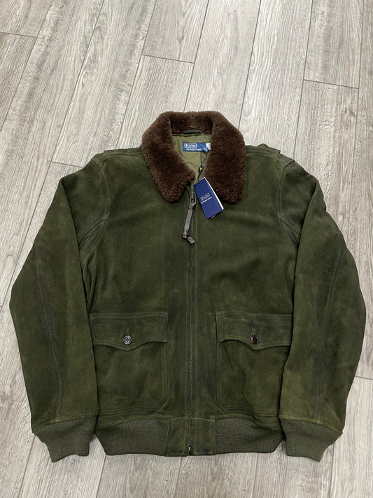 Size XL-Polo Ralph Lauren Shearling Collar Green Suede Bomber Jacket