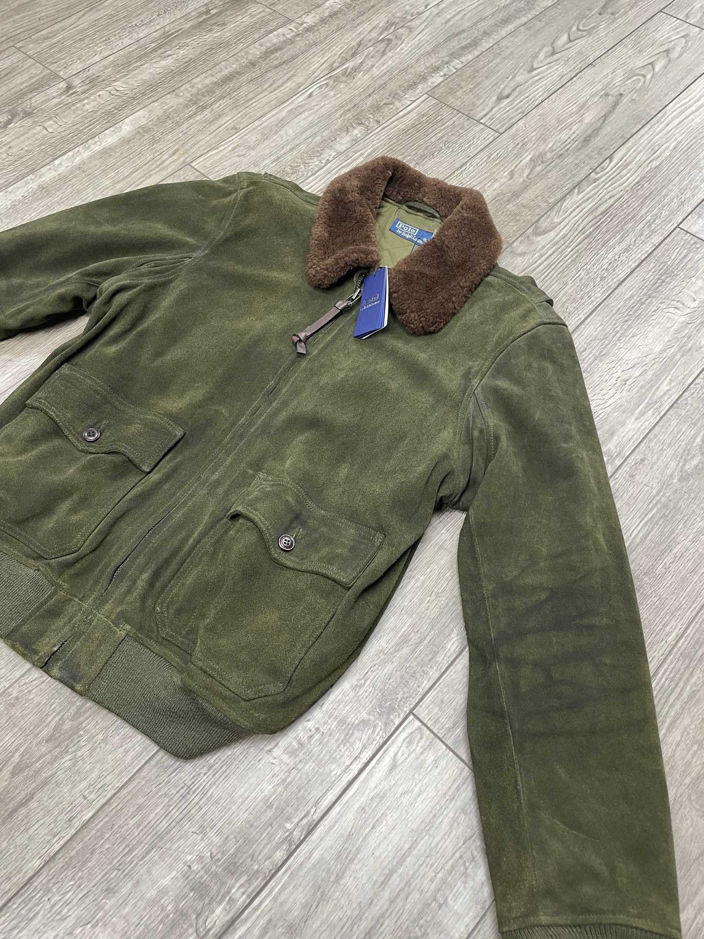 Size XL-Polo Ralph Lauren Shearling Collar Green Suede Bomber Jacket