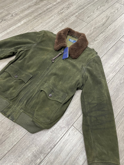 Size XL-Polo Ralph Lauren Shearling Collar Green Suede Bomber Jacket