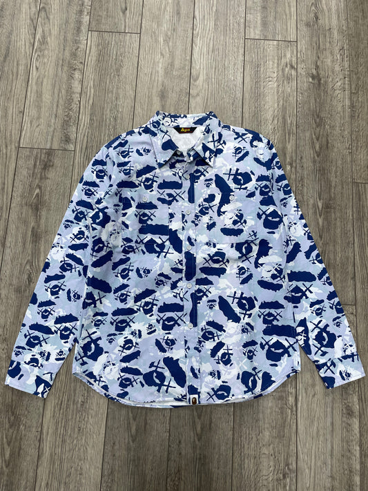 L - Bape Kaws Blue Camo Button Up Shirt
