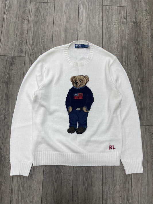 M - Polo Ralph Lauren White American Flag Bear Knit Sweater