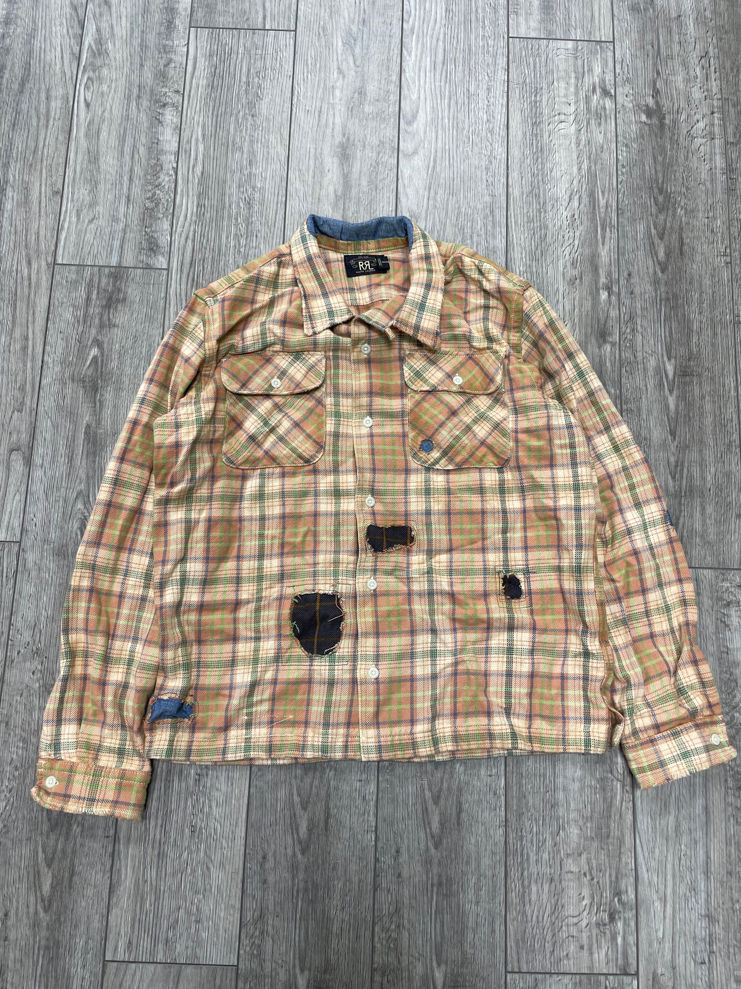 L - Double RL (RRL) rip-and-repair plaid cotton twill camp shirt