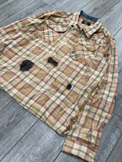L - Double RL (RRL) rip-and-repair plaid cotton twill camp shirt