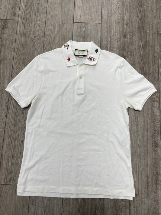 XL-Gucci White Embroidered Collar Polo Shirt