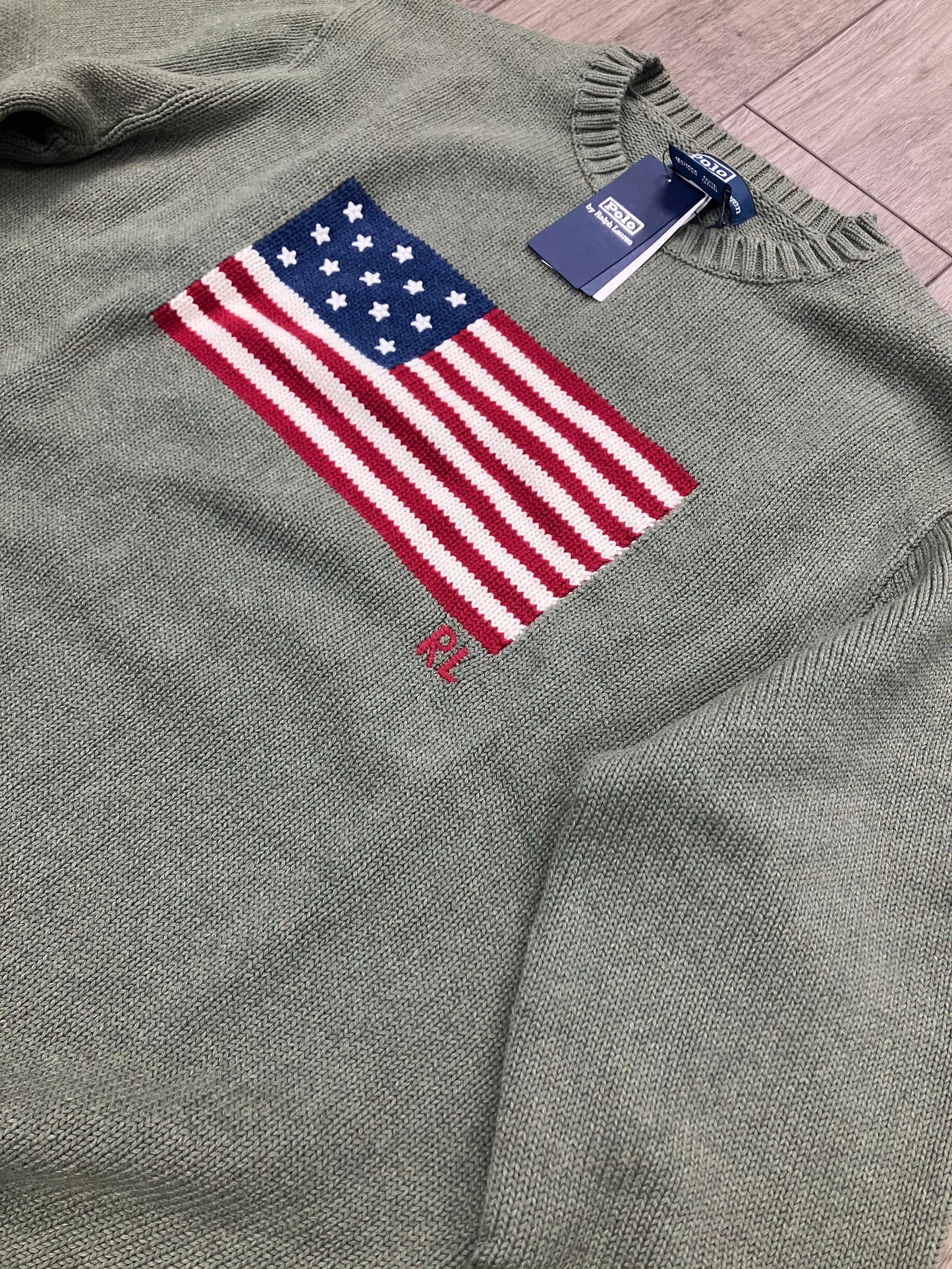 L-Polo Ralph Lauren Olive Green Flag Knit Sweater