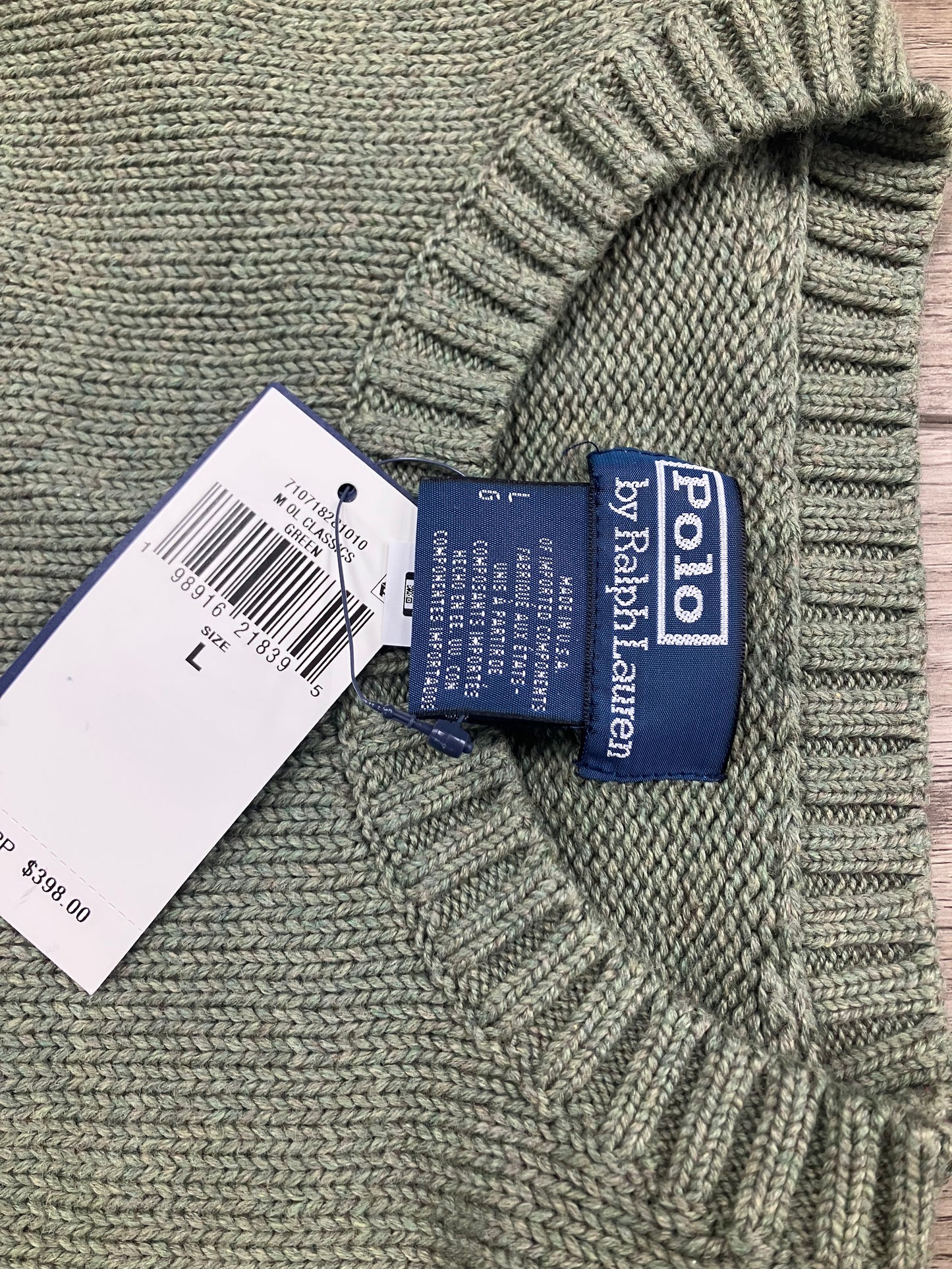 L-Polo Ralph Lauren Olive Green Flag Knit Sweater