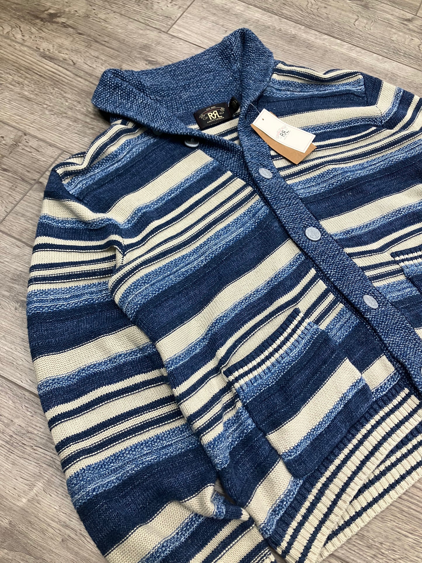 L-Polo Double RL Indigo Striped Cotton Linen Cardigan