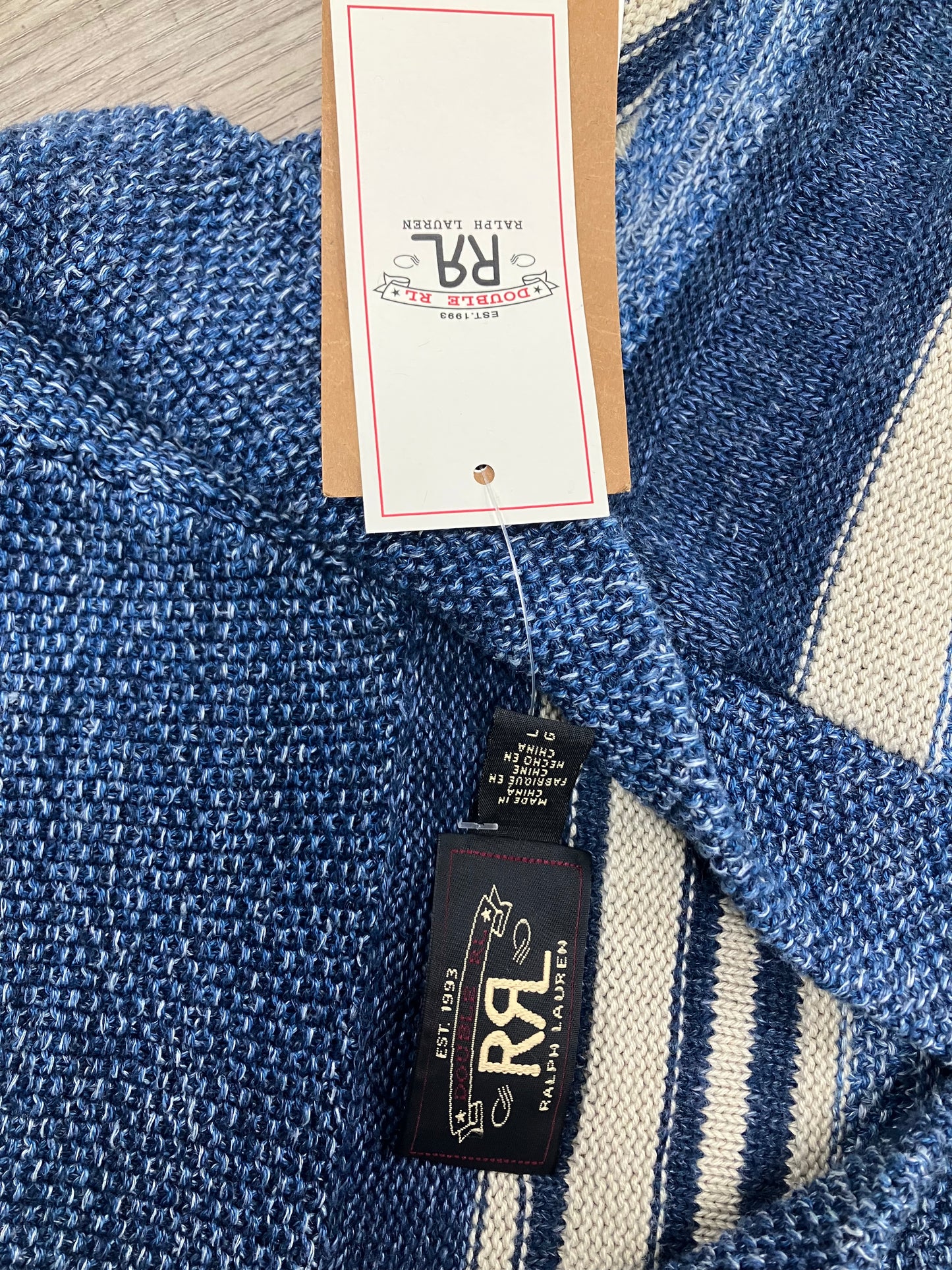 L-Polo Double RL Indigo Striped Cotton Linen Cardigan